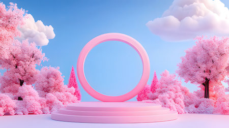 3d render of podium for product display with cherry blossom background.の素材