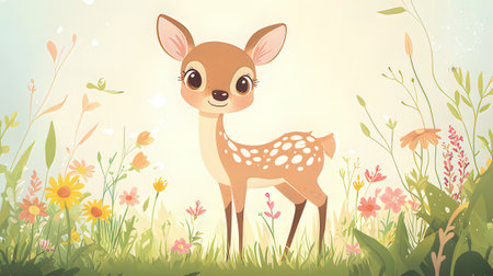 Fawn in the meadow with flowers and grass. Vector illustration.の素材