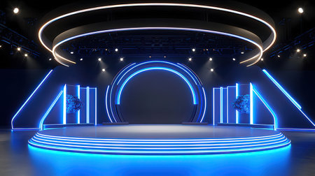 3D rendering, neon light, abstract background, empty stage.の素材