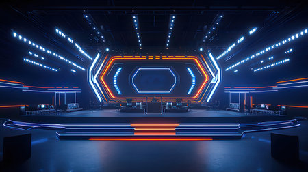 Futuristic interior with neon lights. 3d rendering mock upの素材