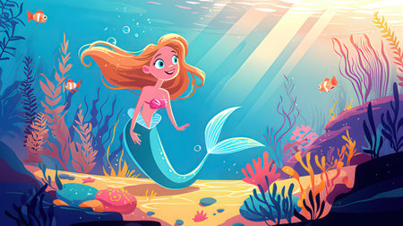 Cute cartoon mermaid girl in underwater world. Vector illustration.の素材