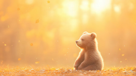 Cute little bear sitting in autumn forest on sunny day. Space for textの素材