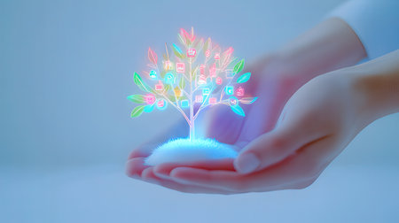 Human hand holding glowing eco tree on white background. 3D renderingの素材