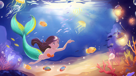Underwater scene with mermaid and fishes. Cartoon vector illustration.の素材