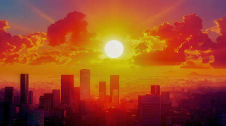Sunset over a big city. 3D render. Conceptual image.の素材