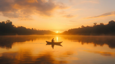 Silhouette of a man in a boat on the lake at sunriseの素材