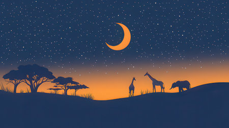 Zebra and giraffe in the savanna at night. Vector illustration.の素材