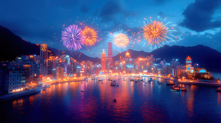 Hong Kong skyline at night with firework display, Hong Kong, Chinaの素材