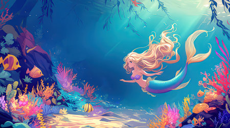 Cute mermaid in the ocean. Underwater background. Vector illustration.の素材