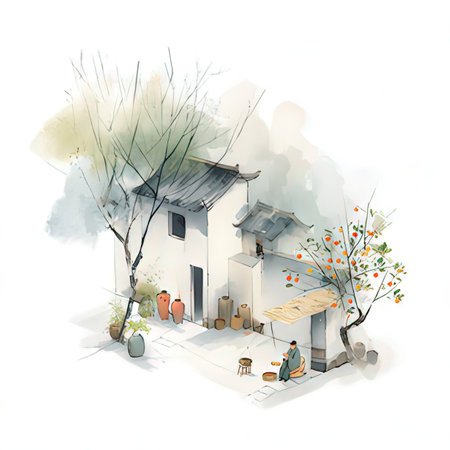 Hand drawn vector illustration of an old house in the village. Conceptual watercolor style.の素材