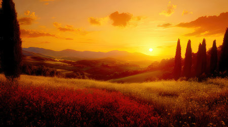 Beautiful landscape in Tuscany, Italy. Sunrise over the hillsの素材