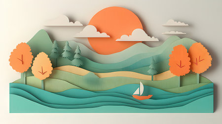 Paper art landscape with mountains, clouds and boat. Vector illustration.の素材