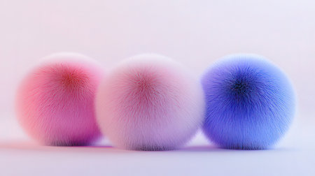 Fur balls on a white background. Pink, blue and purple.の素材