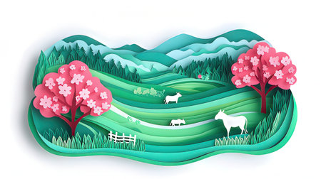 Paper cut landscape with cherry blossom trees and cows. Paper art style vector illustration.の素材