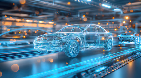 3d rendering car hologram on conveyor belt in car factoryの素材