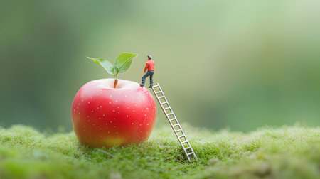 Miniature people : Man standing on ladder and holding apple with nature backgroundの素材