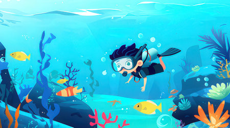 Scuba diving. Underwater world. Vector illustration in cartoon styleの素材