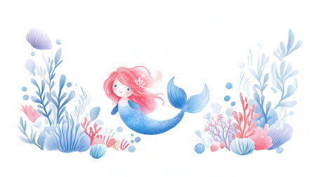 Cute cartoon mermaid in the sea. Watercolor illustration.の素材