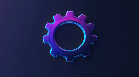 Blue gear icon on dark blue background. 3d render illustration.の素材