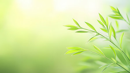 Fresh green bamboo leaves on blurred nature background with bokeh lightの素材