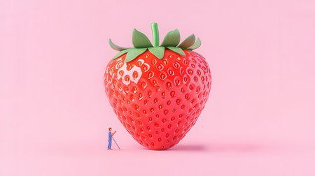 Strawberry and miniature people on pink background. 3d illustrationの素材