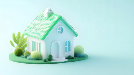 3d render of green house with grass and plant on blue backgroundの素材