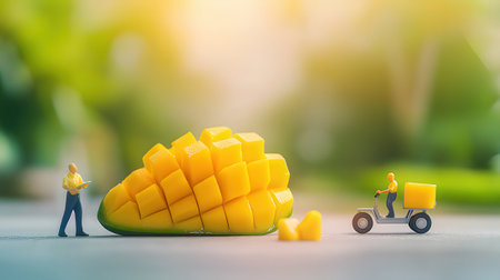 Miniature people : Delivery man with forklift truck and mango on concrete floor with green nature background.の素材