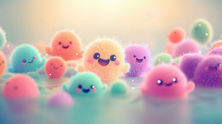 Cute kawaii faces on colorful balls. Vector illustration.の素材