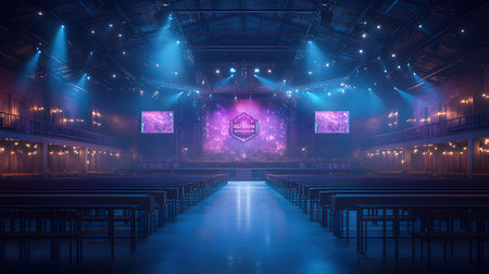 Empty stage with neon lights and smoke. 3d rendering toned image
