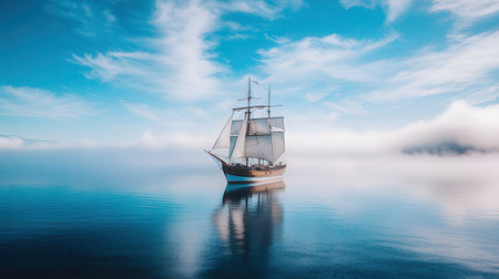 Sailing ship in the sea on a background of blue sky with cloudsの素材