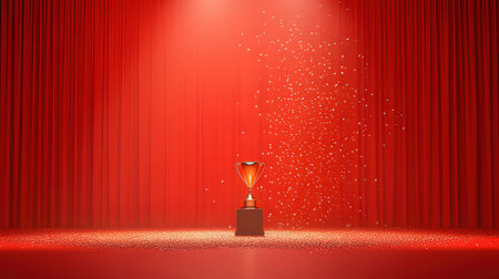 Stage with red curtains and golden trophy on podium. Vector illustration.の素材
