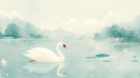 White swan floating on the lake in the morning with mountain backgroundの素材