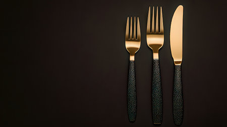 Knife and fork isolated on black background with copy space for textの素材