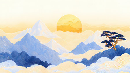 Landscape of mountains, trees and sun. Hand drawn illustration.の素材
