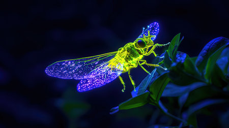 Dragonfly with neon light on dark background. Selective focus.の素材