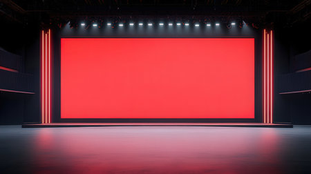 Empty stage with red wall and spotlights. 3D rendering.の素材