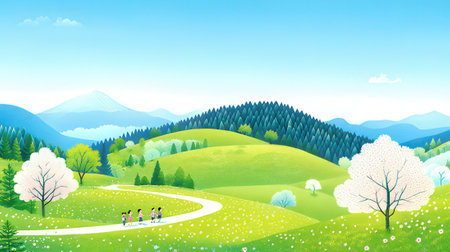 Spring landscape with meadow, forest and mountains. Vector illustration.の素材