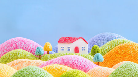 Toy house and colorful wool blanket on blue background with copy space.の素材