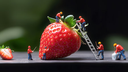 Miniature people : Worker team with Strawberry on black background,Healthy food concept.の素材