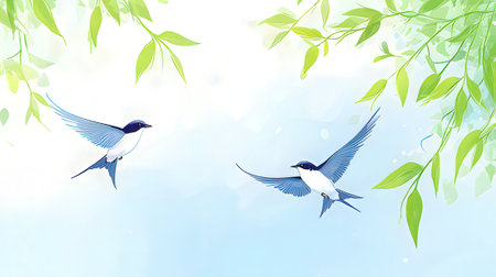 Swallows flying in the sky and green leaves. Vector illustration.の素材