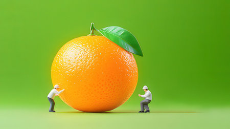 Miniature people : Worker team with orange fruit on green background.の素材