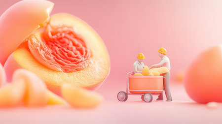 Miniature people : Farmer with peach in cart on pink background.の素材