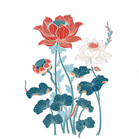 Water lily and lotus flowers. Vector illustration on white background.の素材