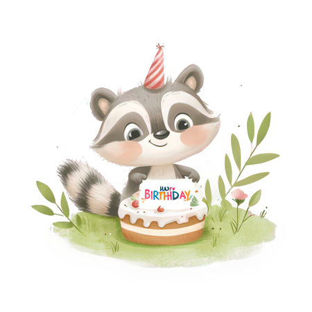 Cute raccoon with birthday cake. Watercolor illustration on white background.の素材