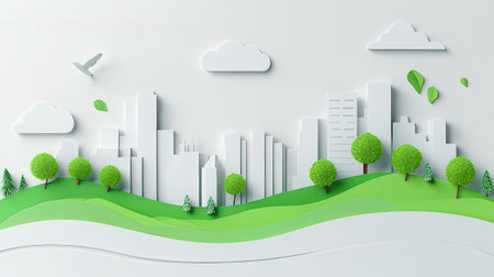 Paper art city landscape with tree and green grass. Paper art style. Vector illustration.の素材