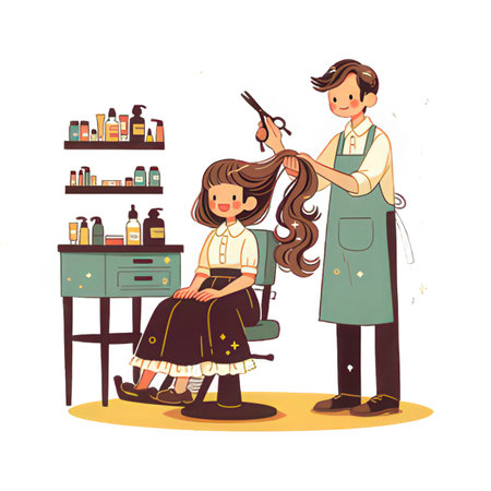 Hairdresser in apron cutting hair of girl in barbershop. Vector illustrationの素材