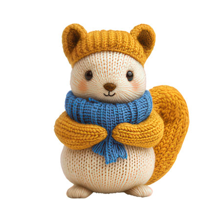 Handmade knitted toy squirrel. Isolated on white background.の素材