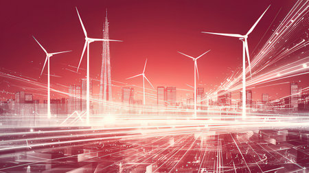 Modern cityscape with wind turbines. Renewable energy concept. 3D Renderingの素材