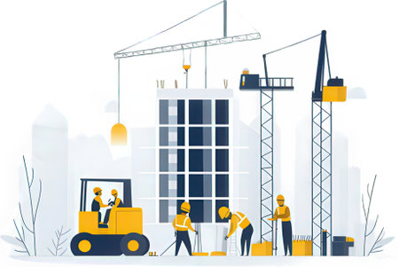 Construction workers on building site, vector illustration. Flat style design.の素材