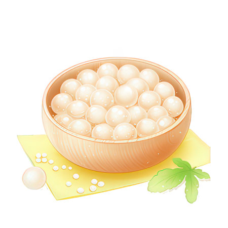 Illustration of boiled balls in wooden bowl on white backgroundの素材